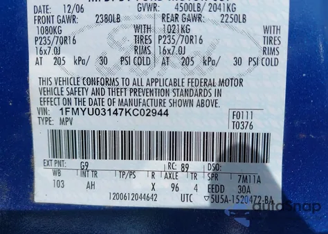 2007 Ford Escape Xlt/Xlt Sport z USA, uszkodzony, nr VIN 1FMYU03147KC02944